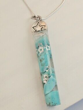 Turquoise Star Accent Resin Bar Necklace - Blue 925 Silver Chain 18 Inch